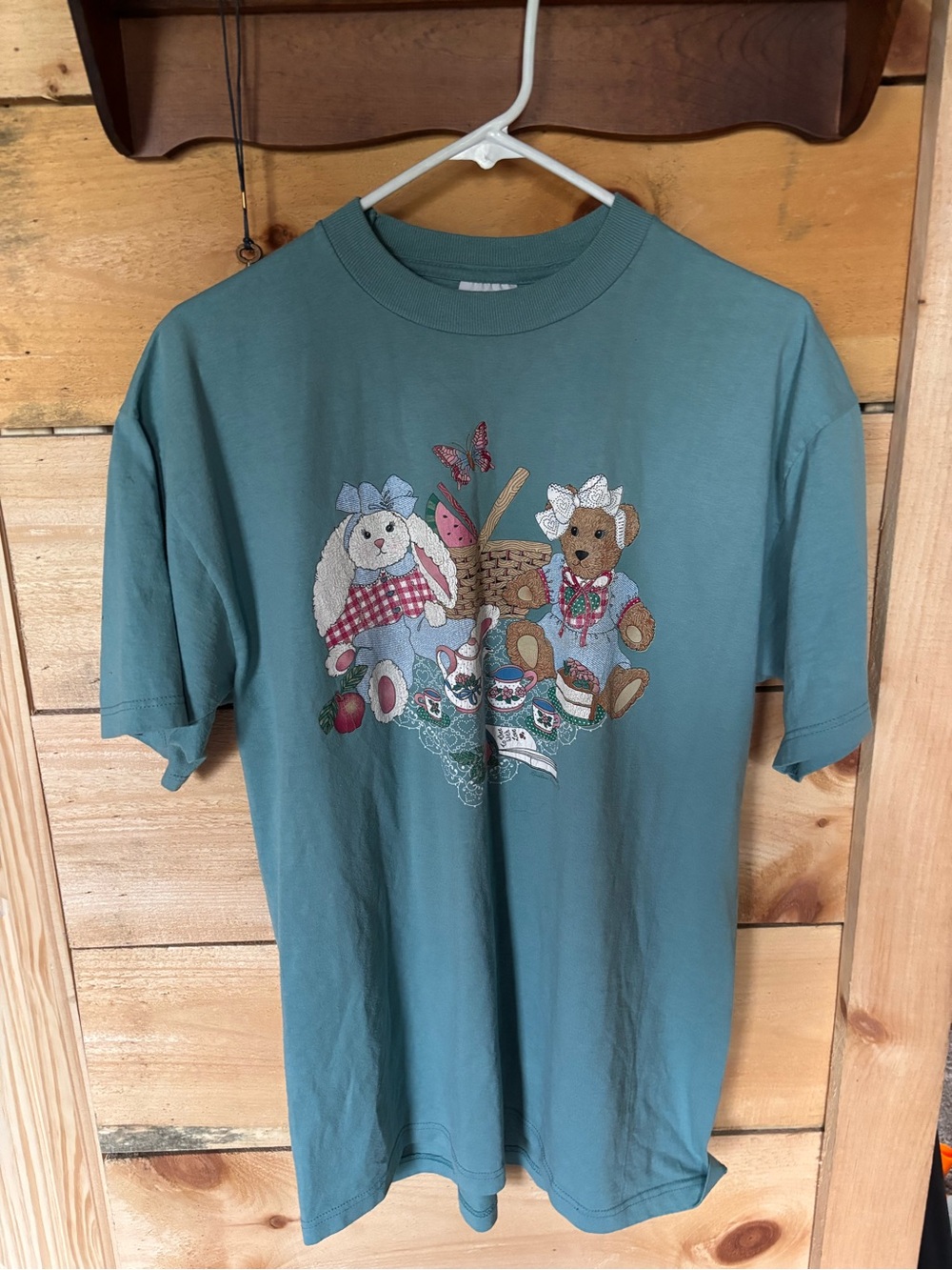 Cottage core Teal Short-Sleeve Tee with Bunny & Bear Picnic Graphic